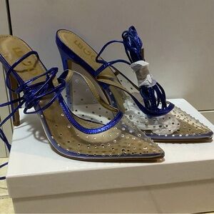 Skyla Lace Up Diamante Detail Pointed Toe Court Heel In Metallic Blue Faux